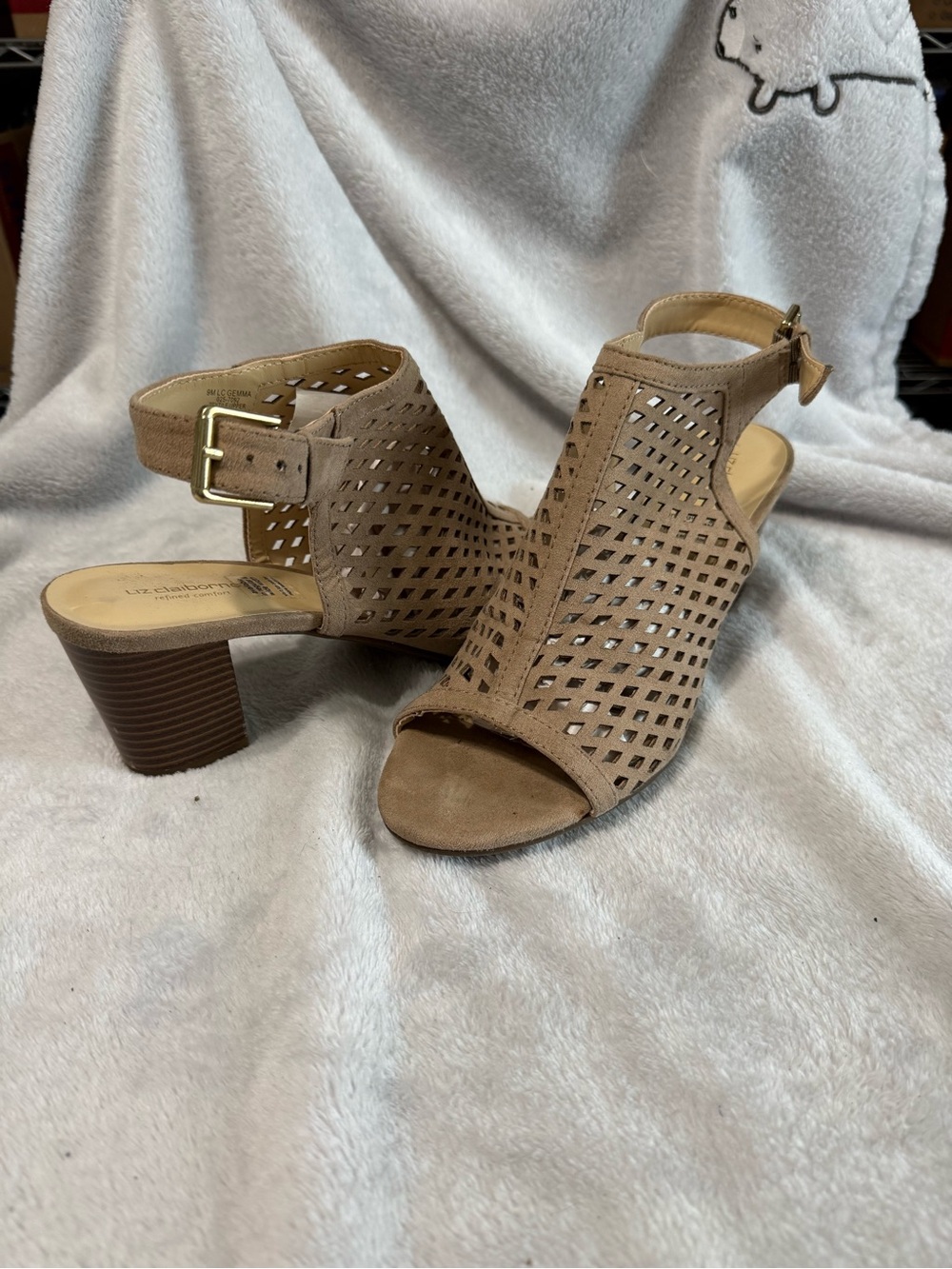 Liz Claiborne Taupe Cutout Peep-Toe Block Heel Sandals